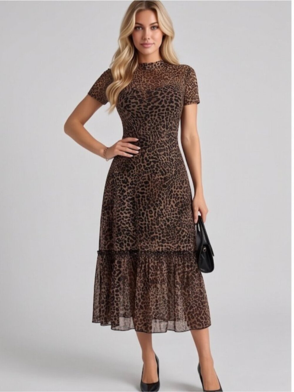 Leopard Print Mock Neck Midi Dress Sheer Mesh Short Sleeve Ruffle Hem